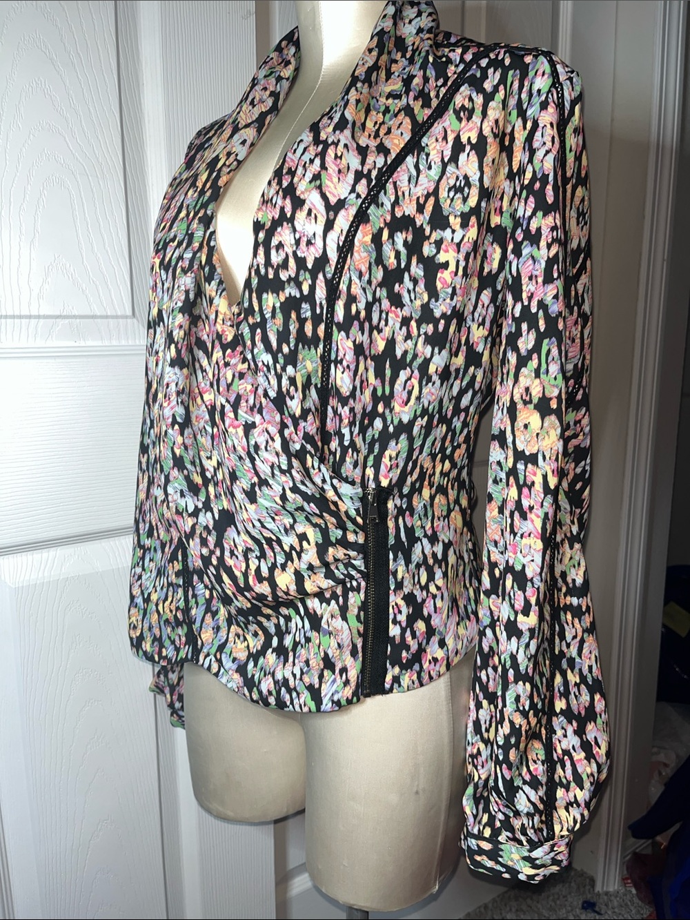 bebe Black and pastel leopard-Print Wrap Blouse